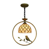 Tiffany-Style Dome Glass Pendant Ceiling Light With Bird Accent - Stainless 1 Beige Suspension Lamp