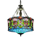 Led Stained Glass Living Room Ceiling Light - Baroque Style 18 W Drum Aqua / Downrods