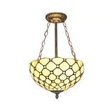 Antique Brass Led Ceiling Light With Tiffany-Style Art Glass Shade - Bedroom Semi Flush Mount Beige