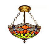 Dragonfly Led Baroque Ceiling Lighting In Aged Brass - Stained Glass Shade For Bedroom