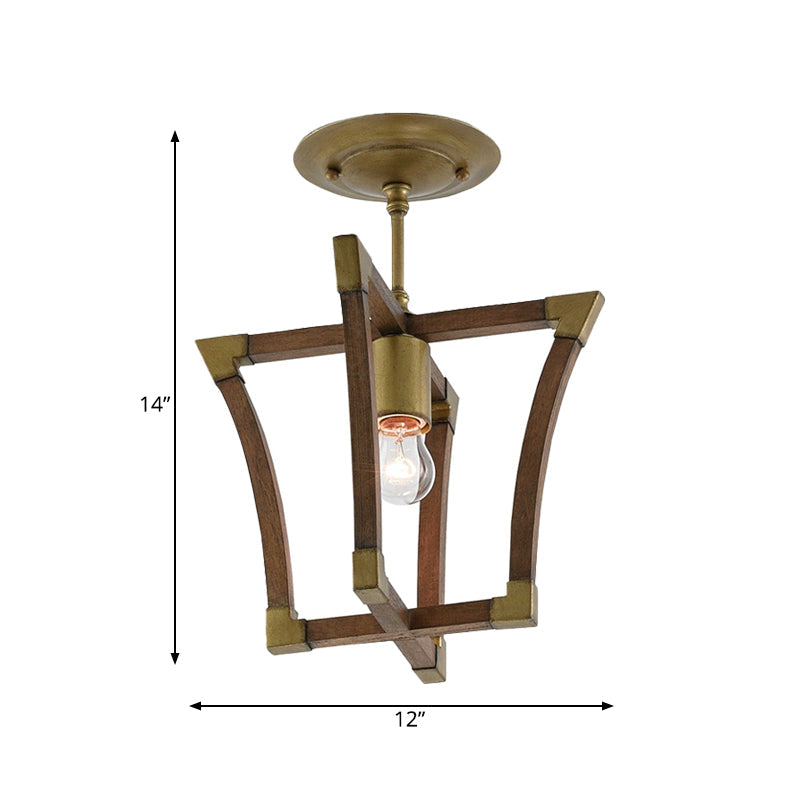 Rustic Wood Interlocking Trapezoid Cage Semi Flush Mount Ceiling Light