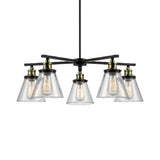Vintage 5-Light Cone Shade Chandelier: Clear Glass Pendant Lighting For Dining Room Black Finish