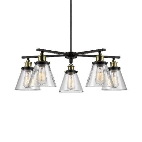 Vintage 5-Light Cone Shade Chandelier: Clear Glass Pendant Lighting For Dining Room Black Finish