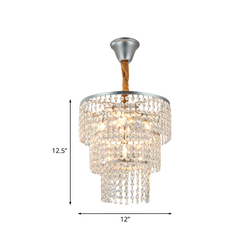 Modern 4-Light Bedroom Suspension Chandelier - Silver Finish With 3-Tier Crystal Strand Shade
