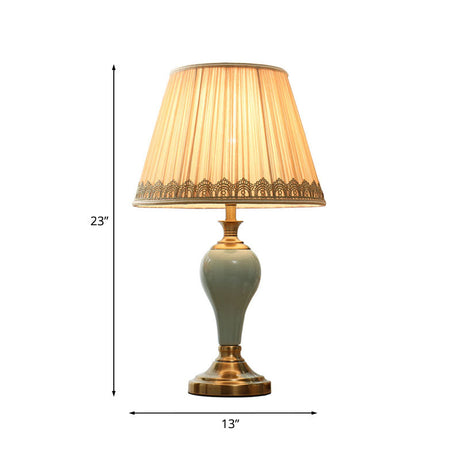 Ceramic Urn Table Lamp Vintage Bedside Nightstand Light In Aqua/Beige/Grey With Fabric Shade
