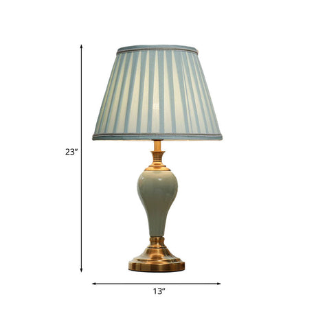 Ceramic Urn Table Lamp Vintage Bedside Nightstand Light In Aqua/Beige/Grey With Fabric Shade