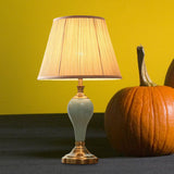 Ceramic Urn Table Lamp Vintage Bedside Nightstand Light In Aqua/Beige/Grey With Fabric Shade