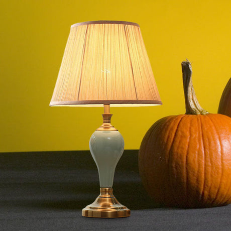 Ceramic Urn Table Lamp Vintage Bedside Nightstand Light In Aqua/Beige/Grey With Fabric Shade