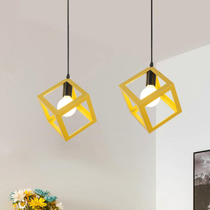 Loft Style 1-Light Hanging Lamp With Cubic Metal Cage Shade - Red/Blue/Green Pendant For Dining Room