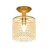Crystal Strand Semi Flush 1-Light Gold Lamp - Simple Cylindrical Design For Close To Ceiling