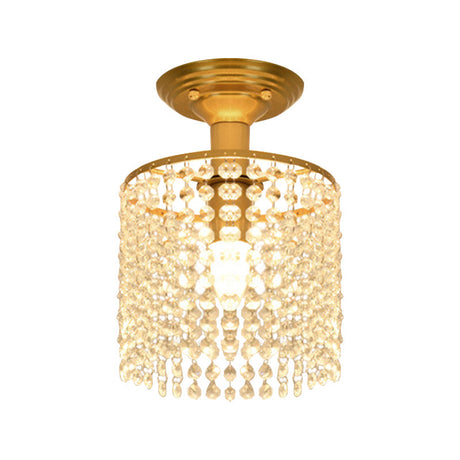 Crystal Strand Semi Flush 1-Light Gold Lamp - Simple Cylindrical Design For Close To Ceiling