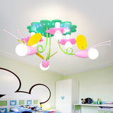 Bee-Inspired Wood Semi Flush Ceiling Lamp With 6 Green And Pink Cartoon-Style Heads Green-Pink