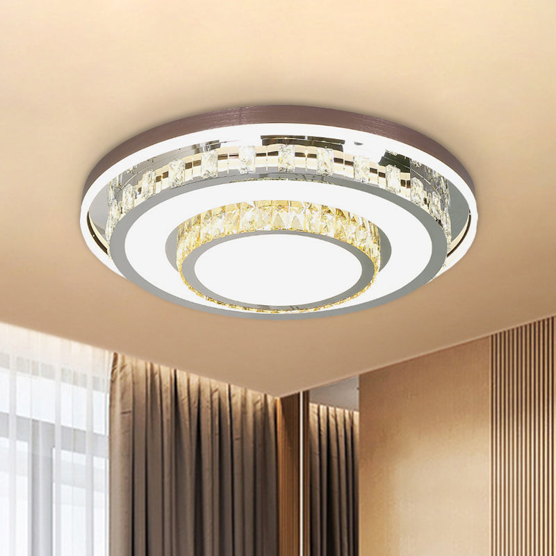 Modern Led Crystal Flush Mount Light Fixture - Stainless Steel Layered Round Design Stainless-Steel