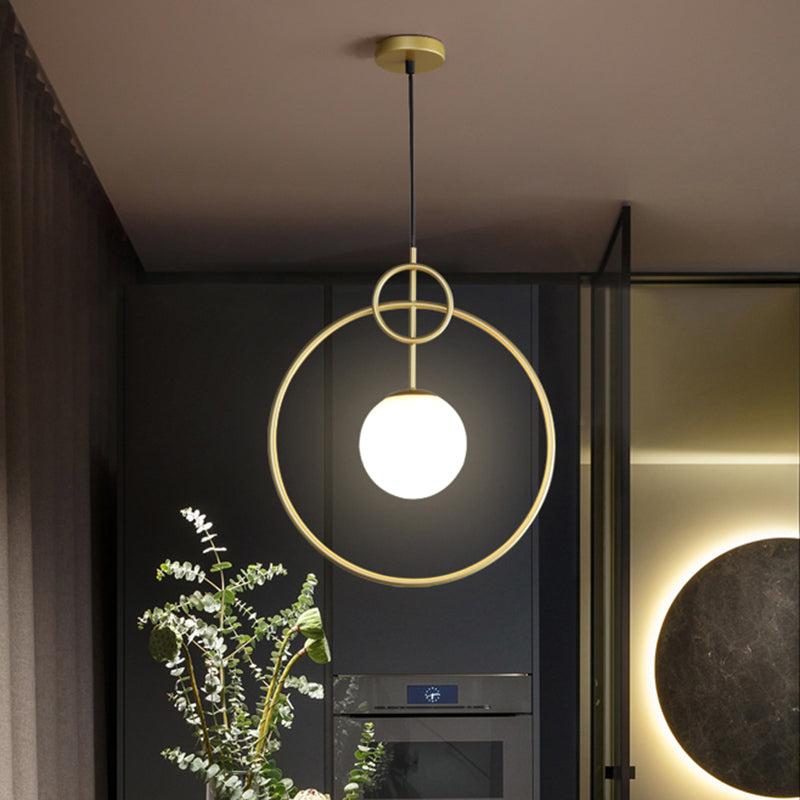 Postmodern Milk Glass Ball Pendant Light With Gold Circles - 1-Light Ceiling Lamp For Dining Room