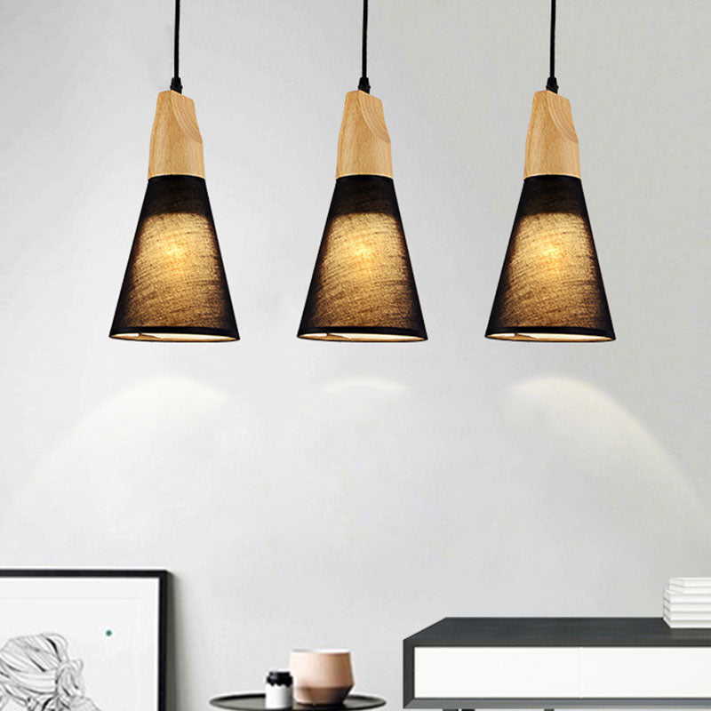 Contemporary Cone Pendant Light With 3 Hanging Lamps And Fabric/Wood Design