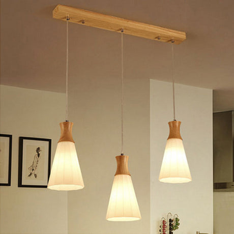 Nordic Style Conic Pendant Lamp With Ribbed Glass Wood And 3 Lights - White / Linear