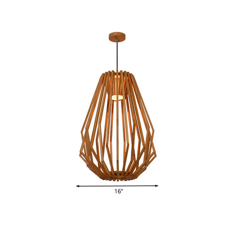 Asian Style Wood Pendant Light With Diamond Café Design - 1 Head Beige Suspension For Dining Room
