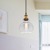 Industrial 1-Light Clear Glass Globe Pendant Light: 7.5 Width Brass Finish