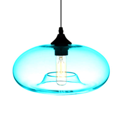 Contemporary 1-Light Oval Glass Hanging Lamp - Red/Brown/Blue Ceiling Light Sky Blue