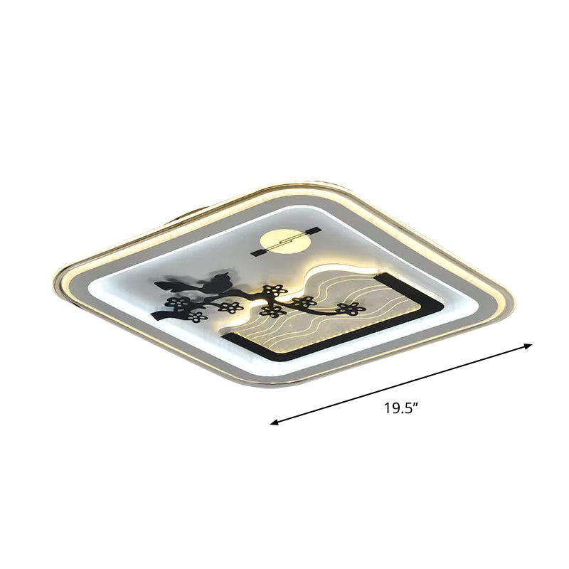 Modern Square Flushmount Led Lamp With Tree Pattern In White - Bedroom Fixture