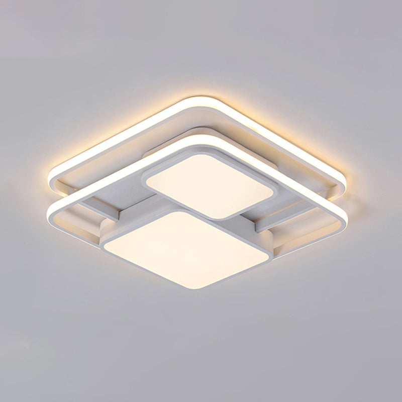 Contemporary Metallic Squared Flush Mount Lamp - White/Black Led Light 16.5’/20.5’ Width White/Warm