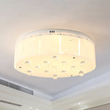 Modern White Frosted Glass Ceiling Light With Crystal Orb Drop - 6 Bulbs Drum Flush Mount