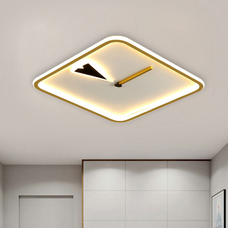Modern Acrylic Led Bedroom Flushmount With Clock Design - Round/Square Black/Gold