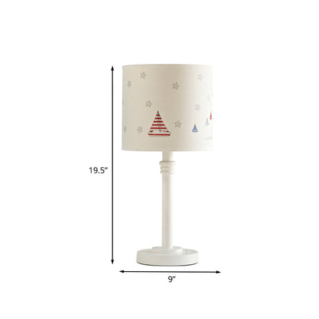 Cartoon White Table Lamp With Drum Fabric Shade - Single Bedroom Nightstand Light