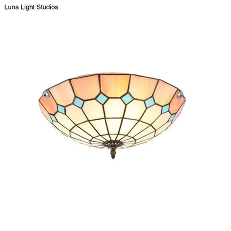 12’/16’/19.5’ Wide Pink Tiffany Ceiling Light With Grid Glass Bowl Shade - Perfect For Living