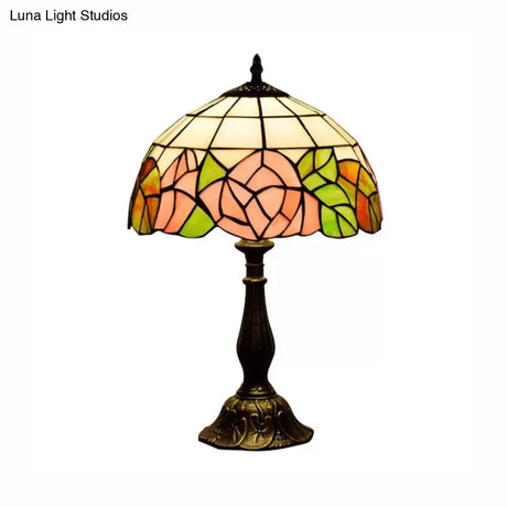 12/16 Pink Rose Tiffany Stained Glass Table Light With 1 In Bronze/Black