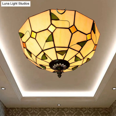 12’/16’ White Dome Tiffany Ceiling Lamp - Multicolored Stained Glass 2/3 Bulbs Flush Mount Lighting