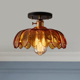Industrial Prismatic Glass Semi-Flush Ceiling Light With Scalloped Design - White/Amber