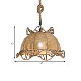 Vintage Industrial Beige Domed Pendant Lighting With Natural Rope - 1-Light Hanging Lamp 10/14 Width