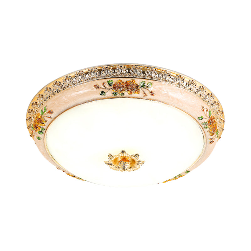 Gold Domed Ceiling Flush Led Bedroom Light With Carved Flower - Traditional Opaque Glass 3 Width