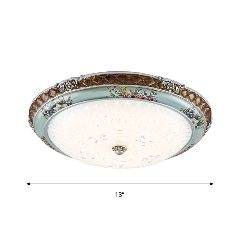 Traditional Style Blue-Brown Led Flush Mount Light Fixture With Cream Glass Domed Design -