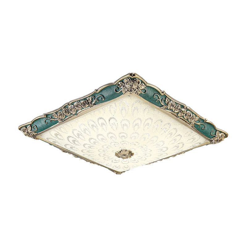 Antique Opaque Glass Led Square Flush Mount Light - Pink/Green Bedroom Ceiling Lamp