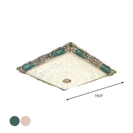 Antique Opaque Glass Led Square Flush Mount Light - Pink/Green Bedroom Ceiling Lamp