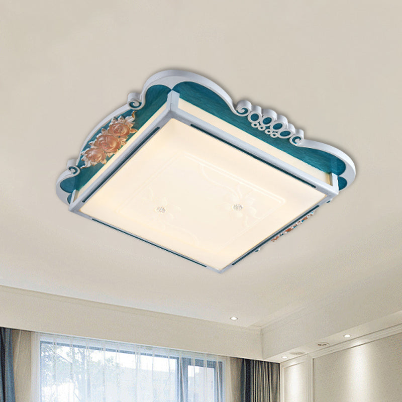 Led Acrylic Square Design Traditional Style Flush Mount Bedroom Ceiling Light With Carved Flower -