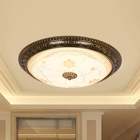 Antiqued Bowl Shade Glass Flush Mount Lamp In Gold With Led 12.5/15/19 Width And Warm/White Light /