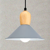 Metal Cone Pendant Light With Wooden Bulb Base - Nordic Style 1 Head Hanging For Office Grey