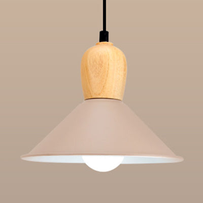 Metal Cone Pendant Light With Wooden Bulb Base - Nordic Style 1 Head Hanging For Office Coffee