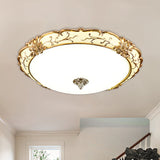 Vintage Brass Scroll Floral Trim Opal Glass Flushmount Led Ceiling Light For Bedroom -