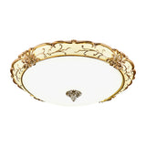 Vintage Brass Scroll Floral Trim Opal Glass Flushmount Led Ceiling Light For Bedroom - 14/16/19.5