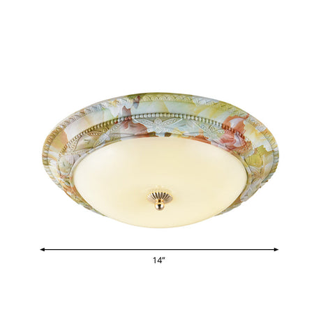 Rustic Opal Glass Tiered Ceiling Lamp - Led Flush Mount Light Fixture In White-Green For Living Room
