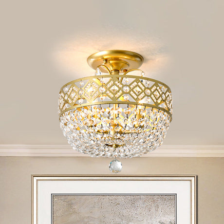 Contemporary Gold Light Fixture With Crystal Balls - 3 Heads Porch Semi-Flush Mount
