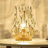 1 Gold Table Lamp With Swirled Arm Crystal Teardrops: Contemporary Bedchamber Night Light