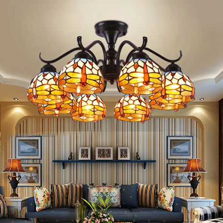 13’/19.5’ Dragonfly Semi-Flush Mount Ceiling Light Fixture With Cut Glass Mediterranean Design