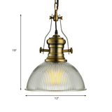 Wide Dome Pendant Light - 12/15 Industrial 1-Light Ribbed Glass Hanging Lamp In Brass For Dining