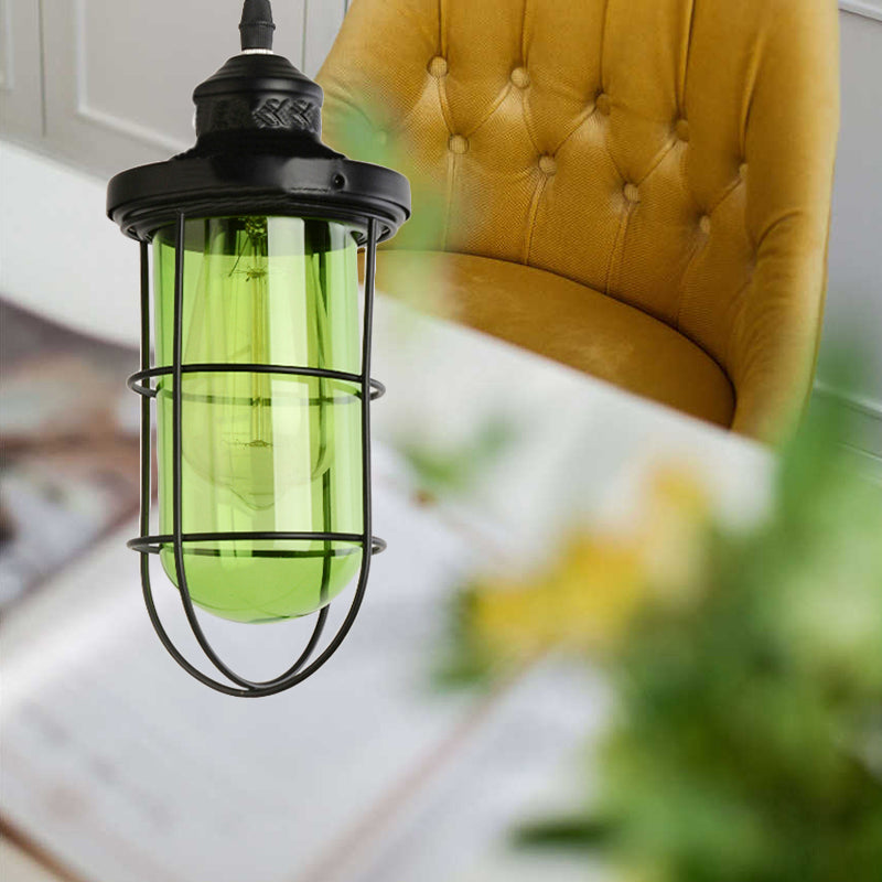 Vintage Black Single-Bulb Pendant Ceiling Light Fixture With Yellow/Green/Clear Glass Cage For