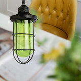 Vintage Black Single-Bulb Pendant Ceiling Light Fixture With Yellow/Green/Clear Glass Cage For
